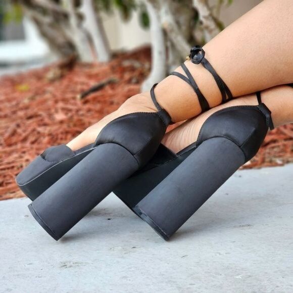 Womens Satin Platform Chunky Lace Up Heels Black Color - Picture 4 of 7